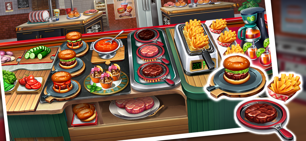 Un mostrador de cocina de restaurante ajetreado en Cooking Team que presenta hamburguesas, patatas fritas y filetes de carne a la parrilla.