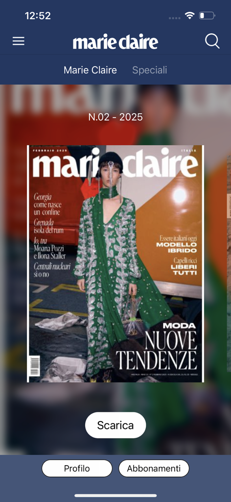 Marie Claire Italia mobile app interface showing a digital magazine cover with a download button