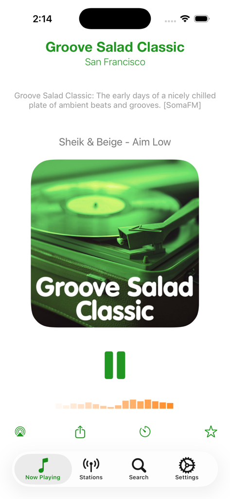 FrogRadio mobile app Now Playing screen displaying a radio station name and album art.