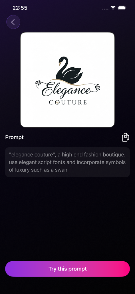 Logo Maker - AI Design - A screen from the Logo Maker app showing a swan logo for Elegance Couture fashion boutique with its corresponding text prompt.
