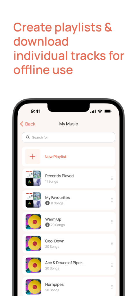 L'interfaccia dell'app Feis che mostra varie playlist di musica per la danza irlandese per la pratica offline.