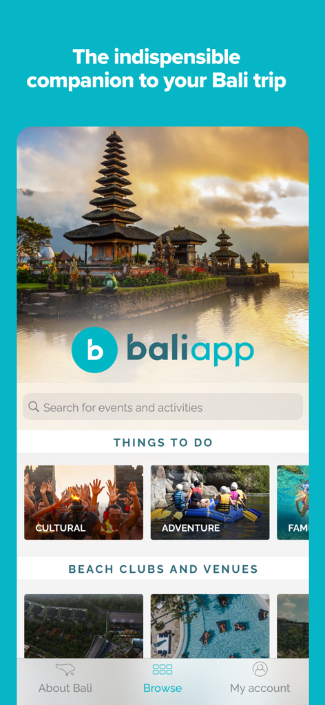 Bali App - Official Bali App home screen with categories for cultural activities, adventure tours, and beach clubs
