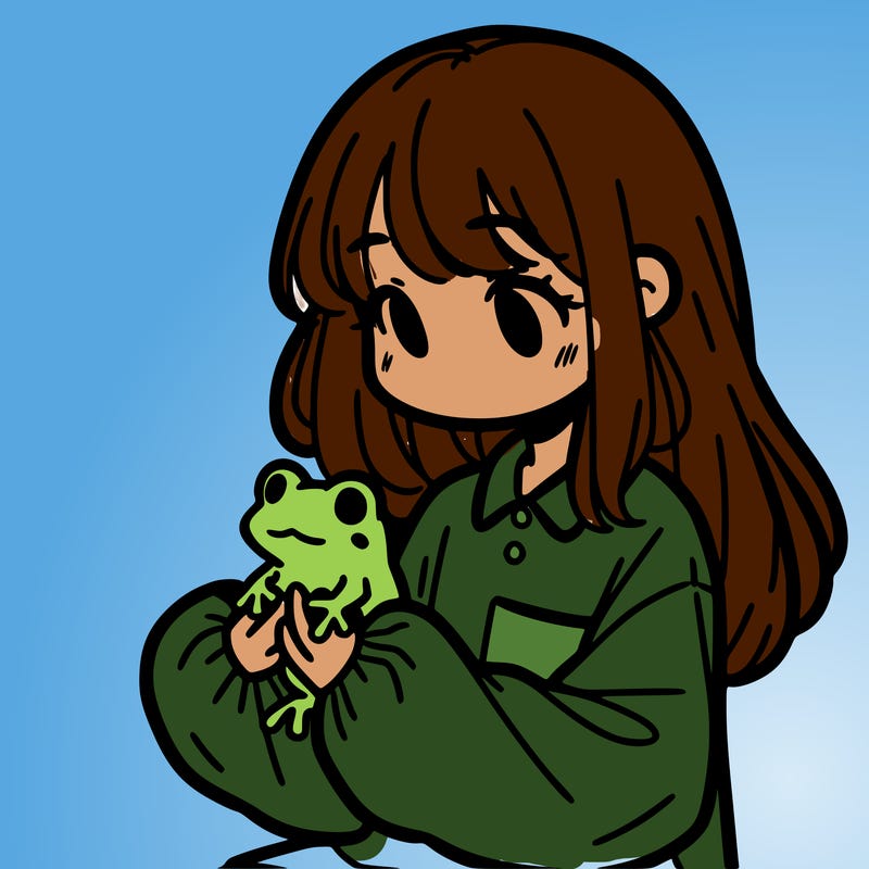 girl with long hair and a oversized shirt. and she is holding a frog