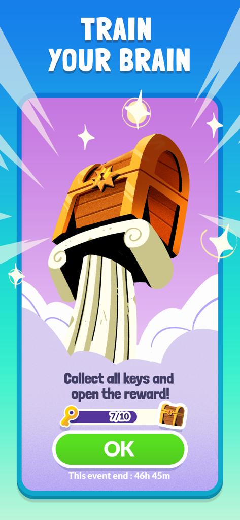 Reward screen for Cryptogram logic puzzle game featuring a treasure chest and progress bar