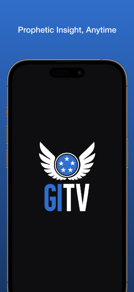 Generals TVアプリのスプラッシュスクリーン。GITVロゴと「預言的な洞察いつでも」というタグラインが表示されています。
