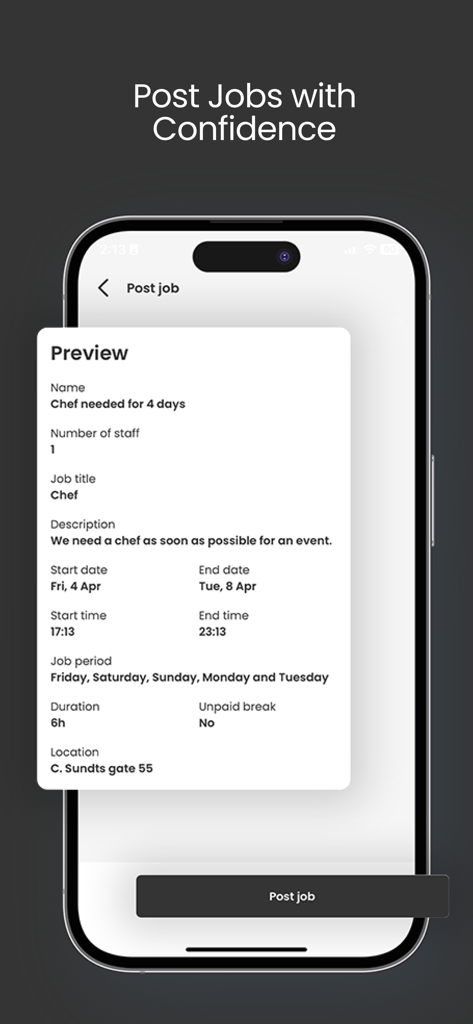 Time2Staff - Un écran d'application mobile montrant un aperçu d'une offre d'emploi pour un chef sur la plateforme Time2Staff.