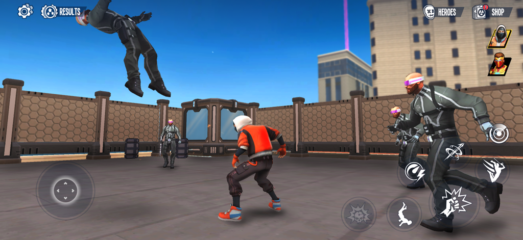 Super Fighter 3: Open City - Supereroe con una felpa arancione che combatte nemici sul tetto in Super Fighter 3 Open City.