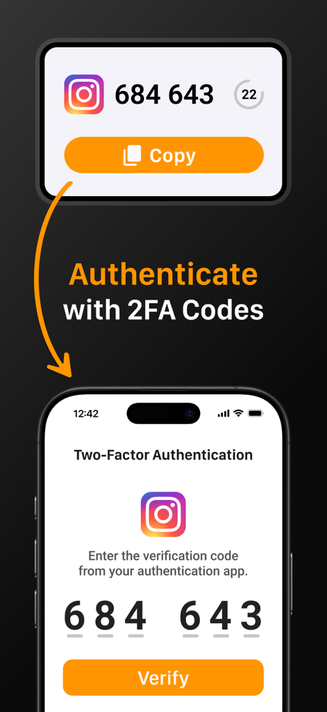 SafeInCloudインターフェース。Instagramアカウントの2FAコードで認証する方法を表示