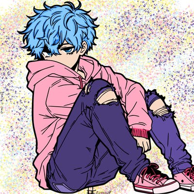 a male hoddie ripped jeans messy hair anime