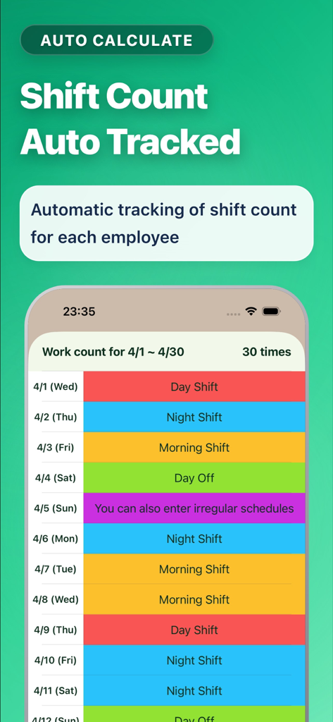 Shift management app! - Interface do aplicativo móvel mostrando rastreamento automático de contagem de turnos e uma escala de trabalho mensal codificada por cores