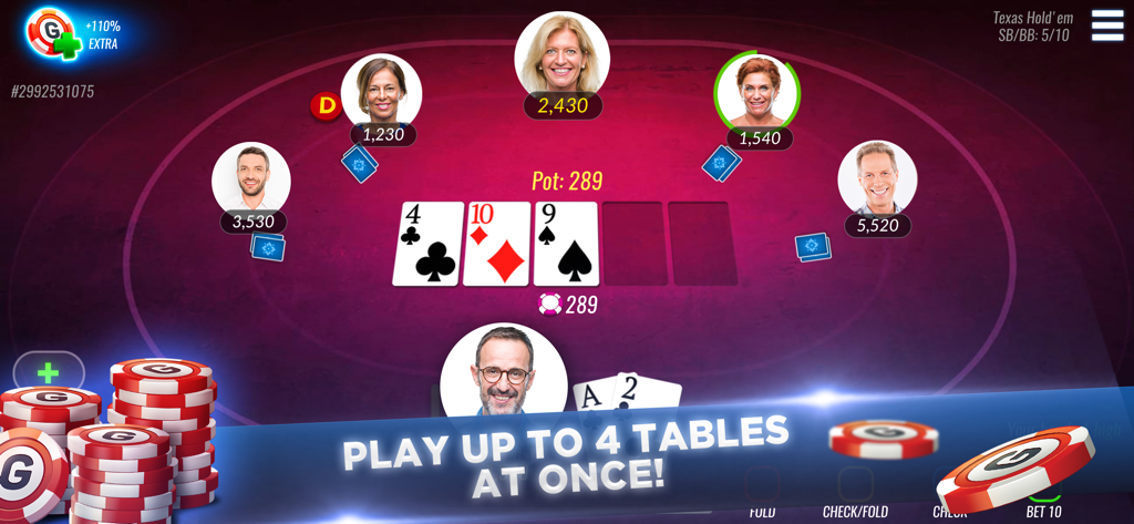 Poker Texas Holdem Live Pro - Una mesa de póker Texas Holdem multijugador en vivo que muestra avatares de jugadores y la función de mesa múltiple