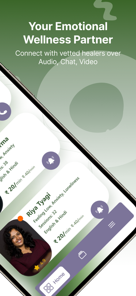 Lenon: Emotional Wellness - Lenon app interface showing professional healer profiles for emotional wellness support via audio, chat, and video.
