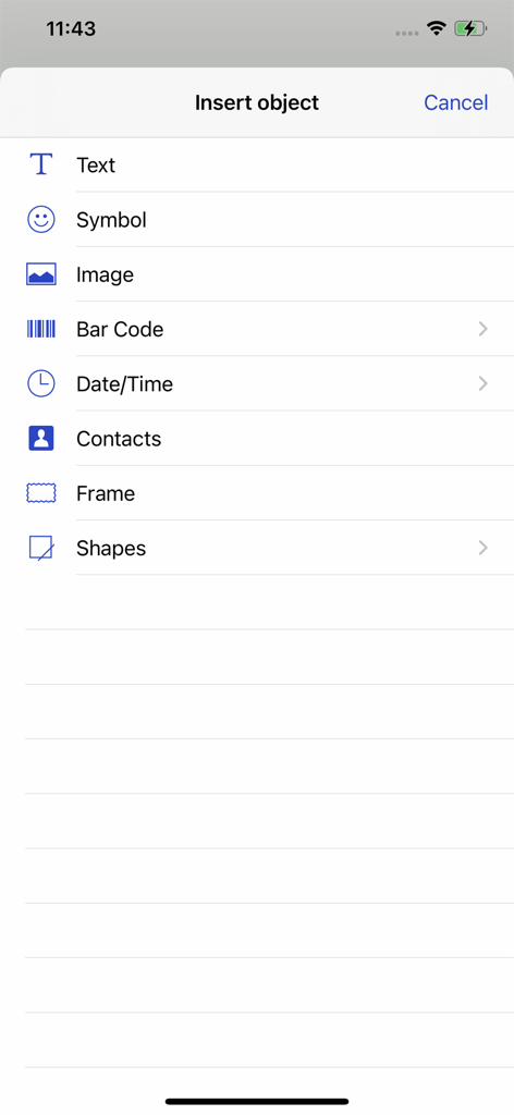 Un menú en la aplicación Brother iPrint and Label que muestra opciones para insertar texto, símbolos, imágenes, códigos de barras y formas en el diseño de una etiqueta.