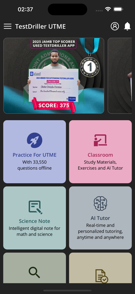TestDriller UTME - TestDriller UTME 앱의 홈 화면, 연습 문제 및 AI 튜터 기능