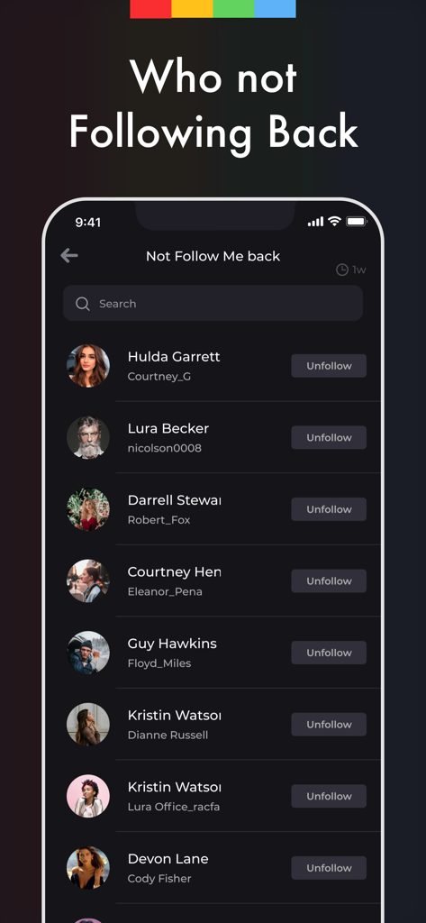 Reports Unfollowers Followers+ - A mobile app interface showing a list of users who do not follow back with unfollow buttons next to their profiles.