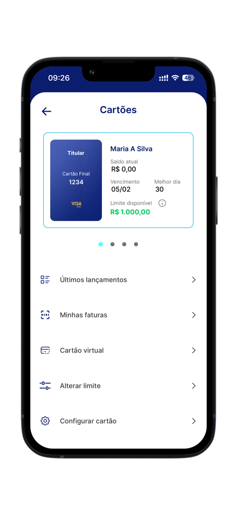 Banco Rendimento - Interfaz de la aplicación móvil de Banco Rendimento mostrando detalles de tarjetas de crédito, incluyendo saldo, límite y opciones de gestión como tarjeta virtual y facturas.