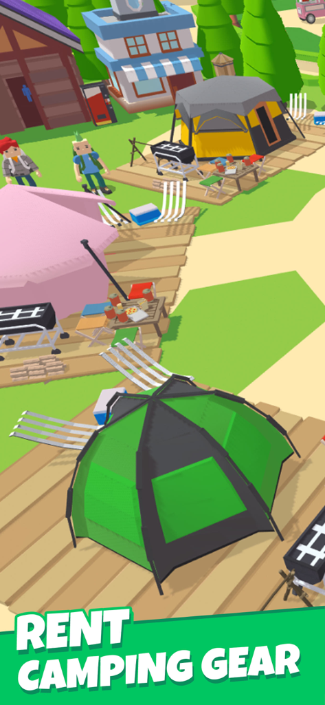 Camping Tycoon-Idle RV life - Uma cena de jogabilidade 3D de Camping Tycoon mostrando várias barracas e equipamentos de camping para alugar em plataformas de madeira