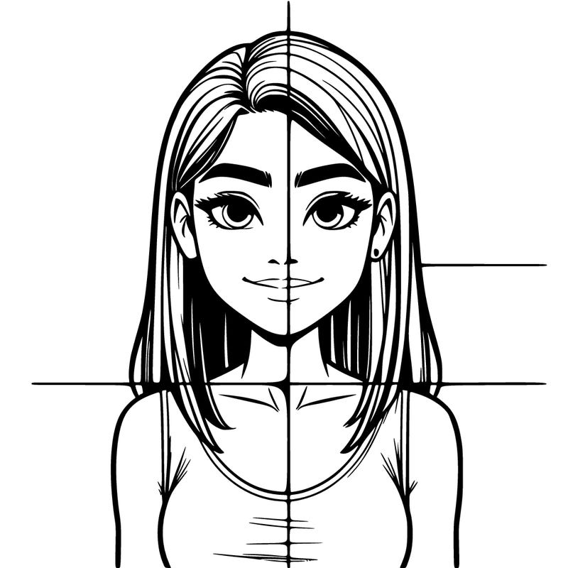 a single straight girl in the middle with no poses with a slight smile with eye’s pupil showing normal with lines splitting into 4, one from horizontally and one from vertically