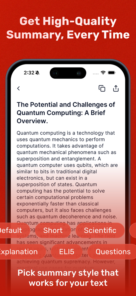 Summarizer - AI Text Summary - 要約アプリのインターフェース。短い科学的、ELI5などのさまざまなAI要約スタイルが表示されています