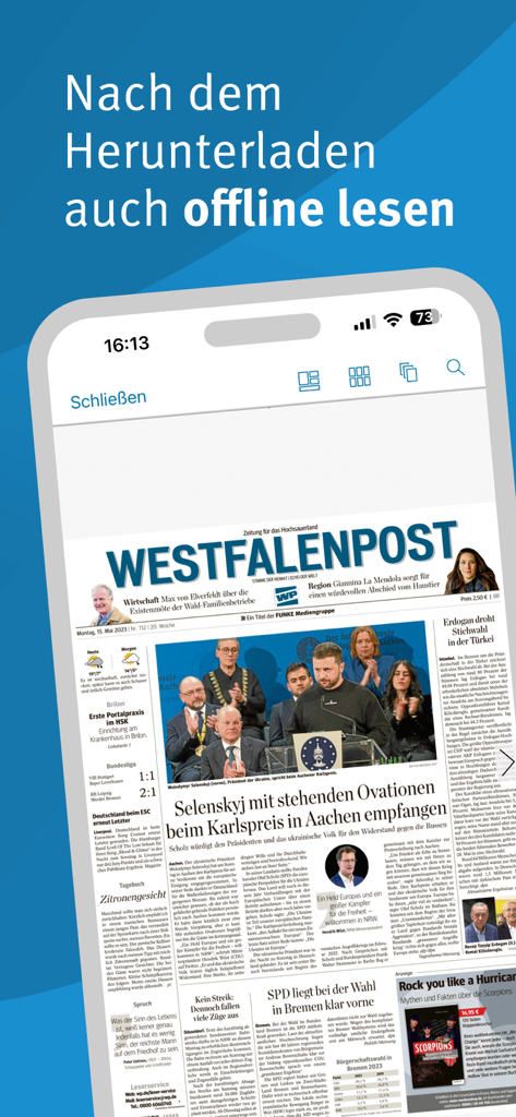 WP E-Paper - Aplicativo WP E-Paper exibindo o layout do jornal digital Westfalenpost para leitura offline