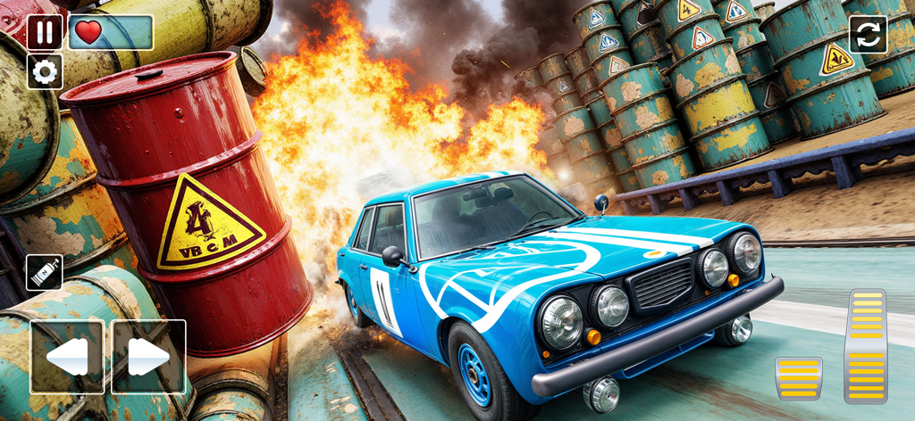 A blue racing car speeding through a massive explosion with falling hazard barrels in Stunt Car Race 3D.
