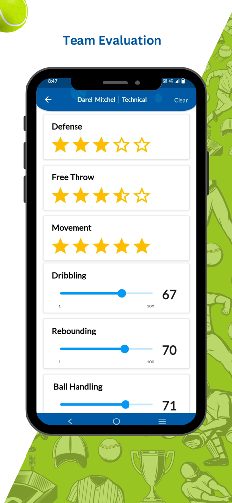 SportsPlus - SportsPlus app team evaluation screen showing player skill ratings with stars and sliders for defense, movement, and ball handling