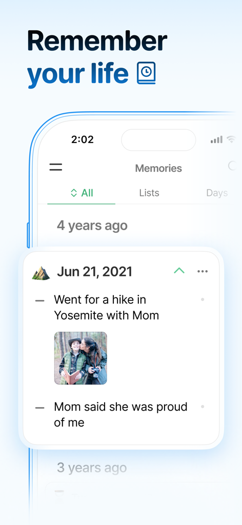 Twos: Get Things Off Your Mind - Twos app interface showing the Memories feature with a personal journal entry and photo