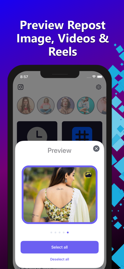 InstaSave : IG Reels Stories - Mobile app interface showing a preview screen for reposting Instagram images and videos with a select all button