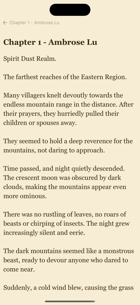 PawRead - Read Fantasy Novels - Una pantalla móvil que muestra la interfaz de lectura de la aplicación PawRead con un fondo sepia y texto de novela de fantasía.