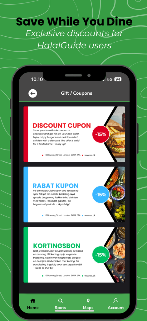HalalGuide - The HalalGuide mobile app showing exclusive discount coupons for various halal restaurants.