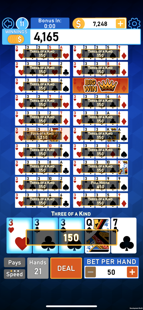 Video Poker Multi Bonus - Gameplay of Video Poker Multi Bonus showing 21 hands being played simultaneously in portrait mode.