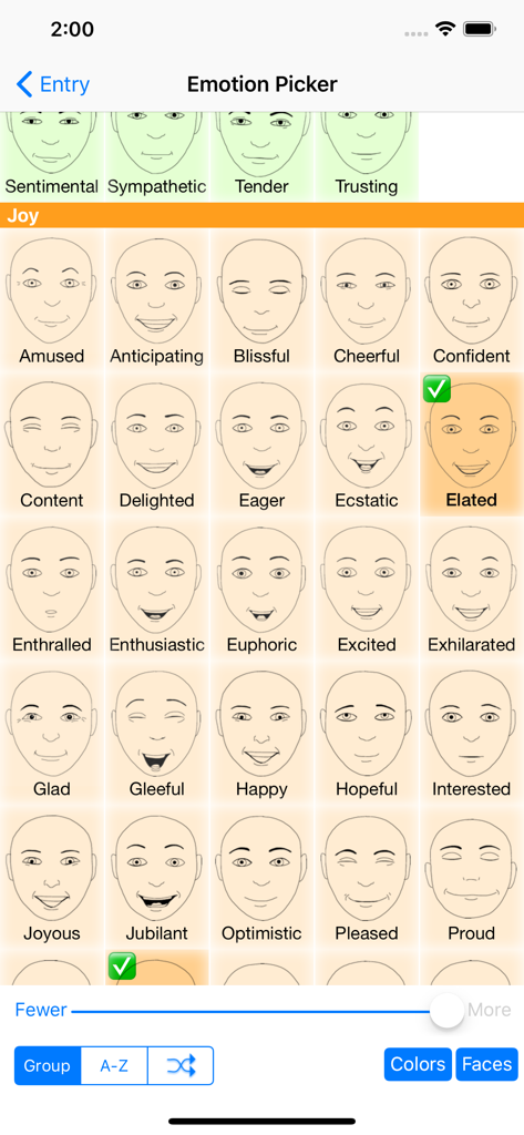 Mood-Log - Mood-Log app emotion picker screen displaying a grid of facial icons for selecting specific feelings under the Joy category