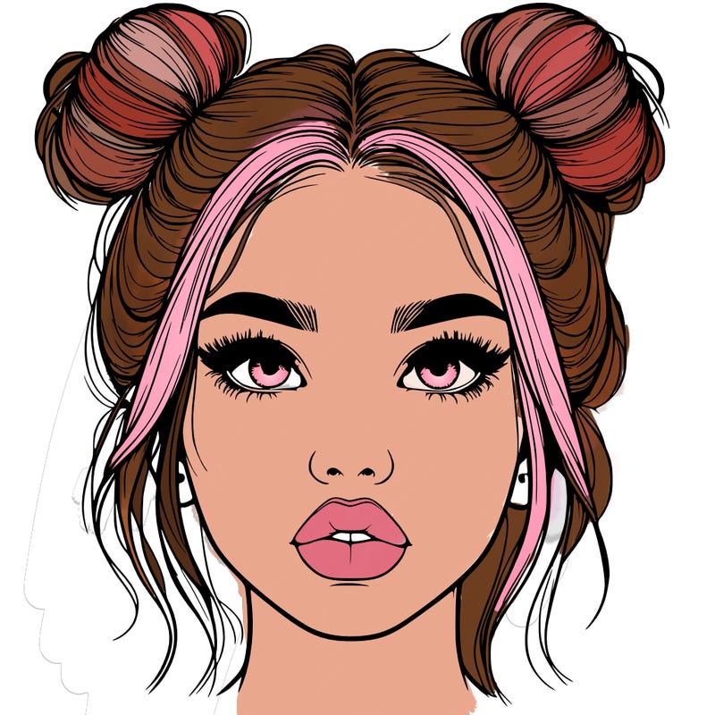 realistic girl with two buns on her hair and lips
