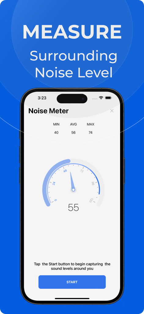 Interfaz del medidor de ruido en un iPhone que muestra los niveles de sonido ambiental en decibelios