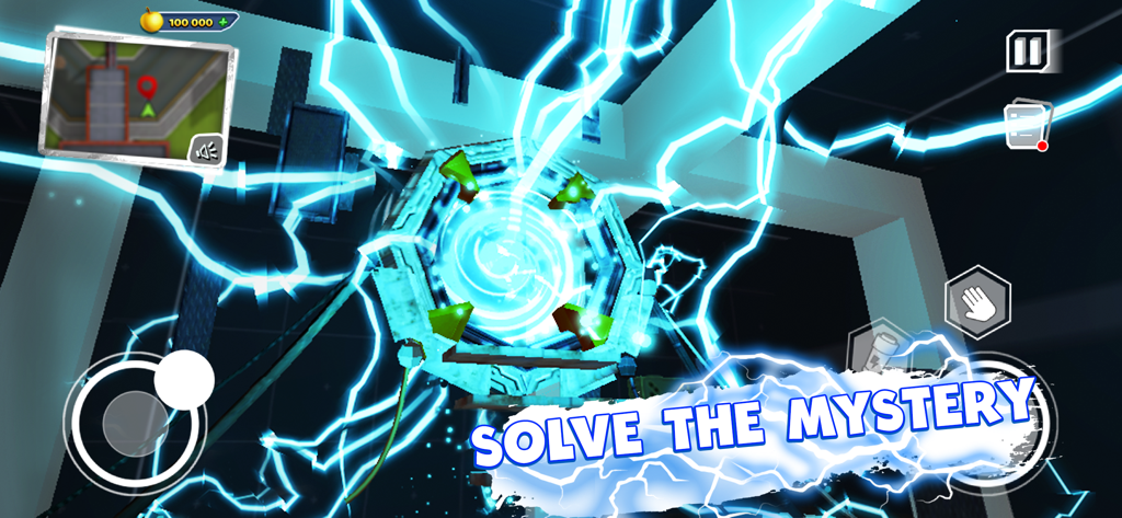 Ein leuchtendes blaues elektrisches Portal in einem dunklen Raum mit der Textüberlagerung „Löse das Rätsel“ im Spiel Dark Riddle