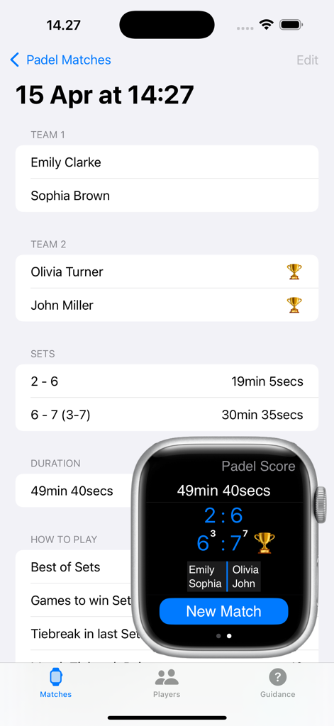 Padel match summary showing scores and players on iPhone and Apple Watch