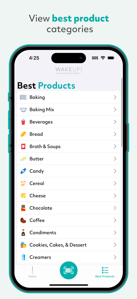 Smartphone screen showing a list of recommended clean food product categories in the Read the Labels app