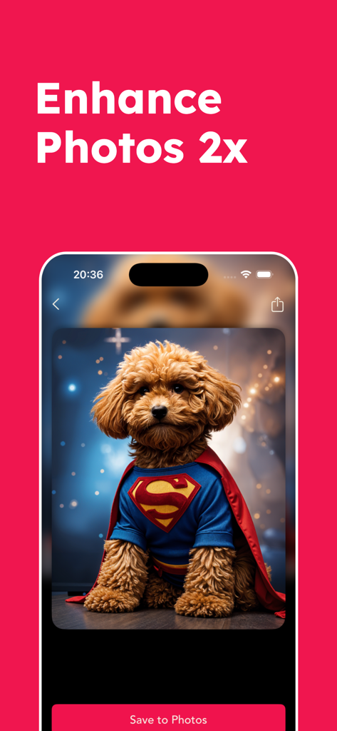 Smartphone screen showing an AI photo enhancement feature with an image of a dog in a superhero costume
