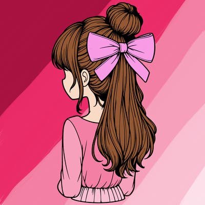 realistic girl  with hip length hair a bun and a big bow on the back of head