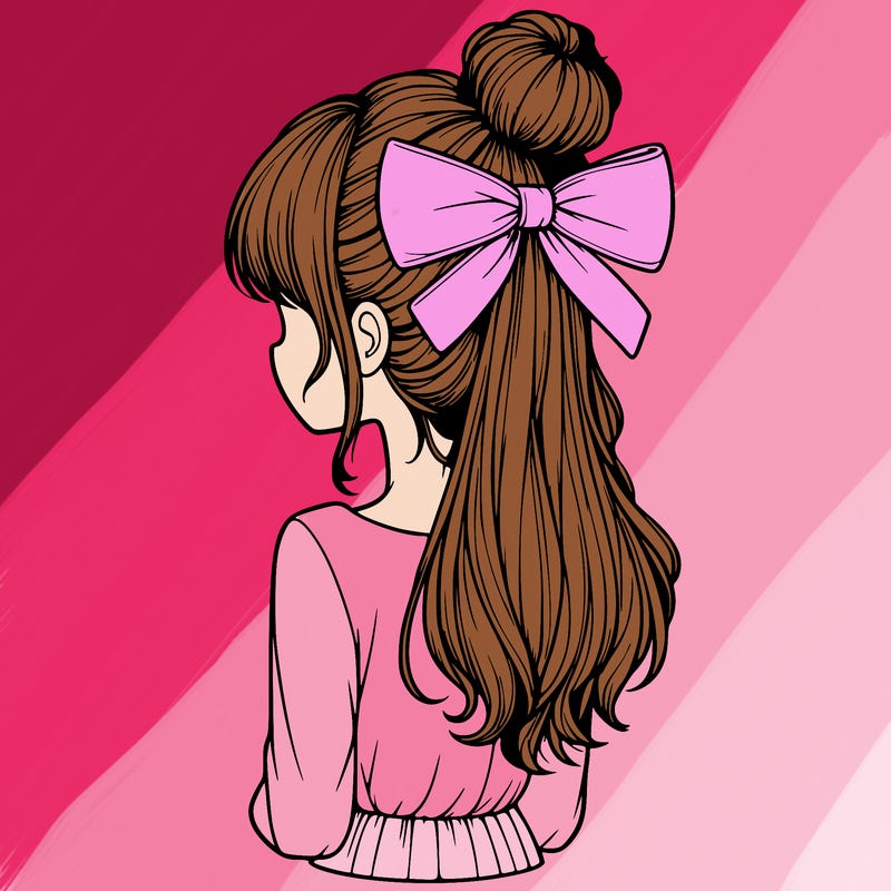 realistic girl  with hip length hair a bun and a big bow on the back of head