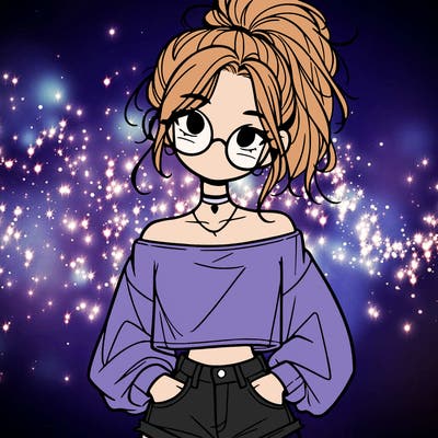 girl with a messy ponytail glasses a baggy crop top and jean shorts