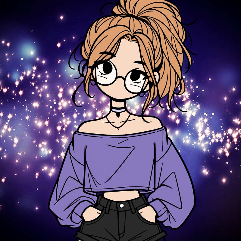 girl with a messy ponytail glasses a baggy crop top and jean shorts