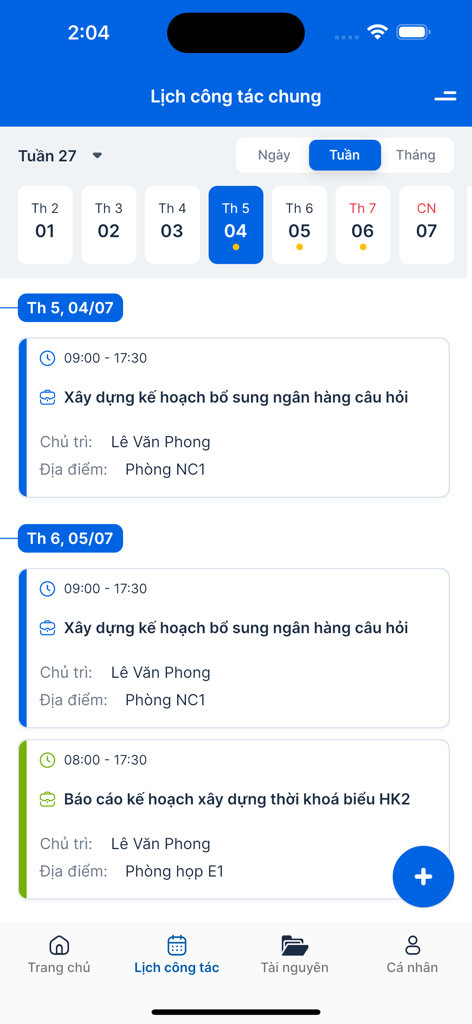 OneUni App-Oberfläche, die einen detaillierten Wochenarbeitskalender für Universitätsfakultät und -personal anzeigt.