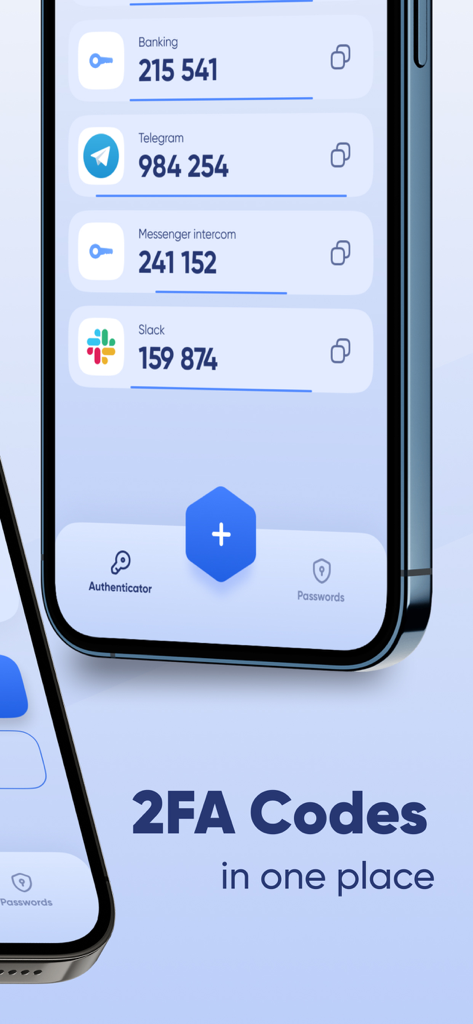 Interface of the Authenticator app showing a list of 2FA codes for various services like Banking and Slack