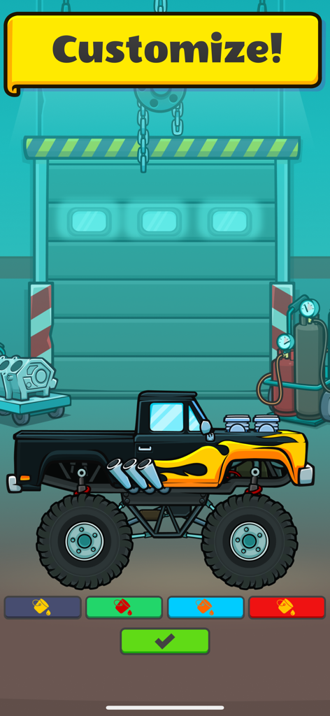 Monster truck customization screen in the Garage Master mobile game