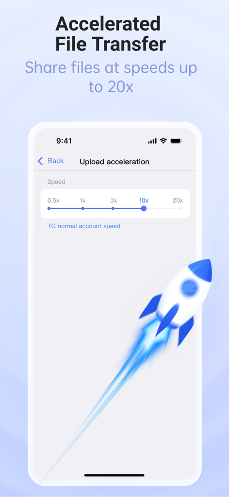 Turrit Messenger App-Oberfläche, die die beschleunigte Dateiübertragungsfunktion mit Geschwindigkeitseinstellungen bis zu 20x zeigt