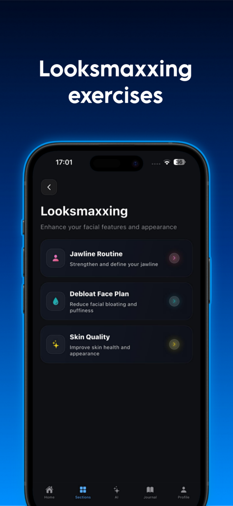 GlowUp Daily: Improve Yourself - Interfaz de aplicación móvil que muestra ejercicios de looksmaxxing, incluyendo rutinas de mandíbula, planes de desinflamación facial y opciones de mejora de la calidad de la piel.
