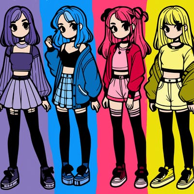 one girl with crop-top shirt and a jacket with a skirt, long socks and another girl with a shirt and pants with a jacket