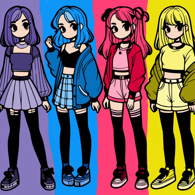 one girl with crop-top shirt and a jacket with a skirt, long socks and another girl with a shirt and pants with a jacket