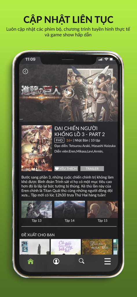 Smartphone screen displaying the DANET app with a detailed view of a popular series and personalized recommendations.